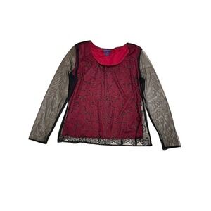 Metaphor Womens Beaded Mesh Layered Top Burgundy Black Long Sleeve Size L